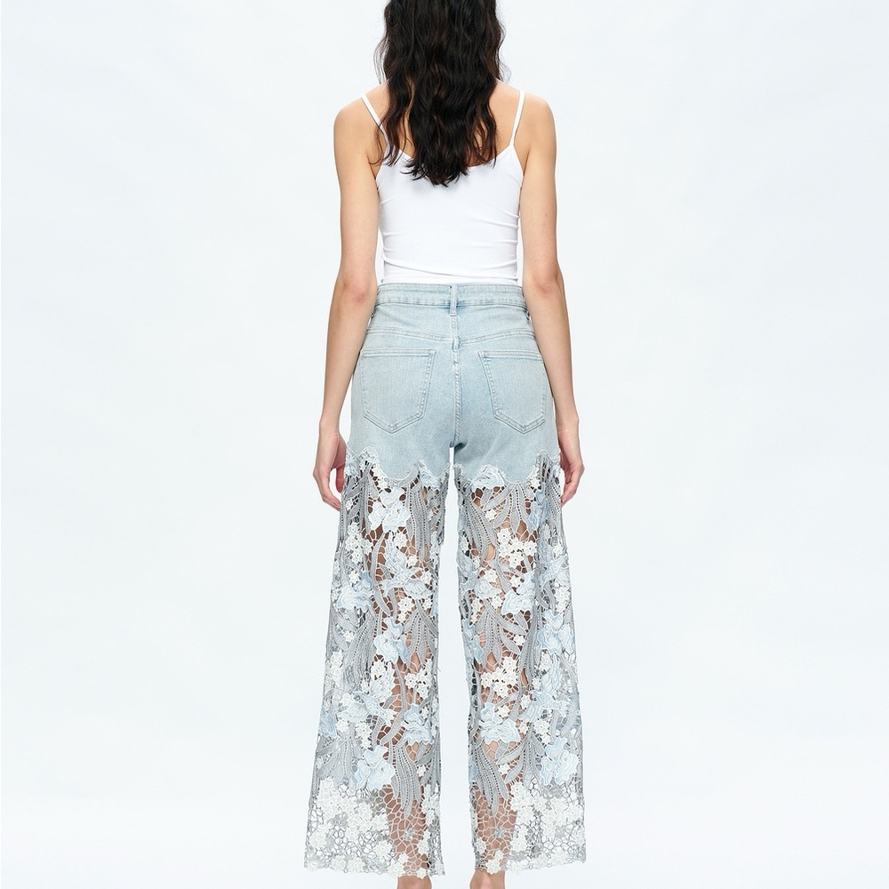 Light Blue Lace Rhinestone High Rise Wide Leg Jeans - Picture 5 of 10